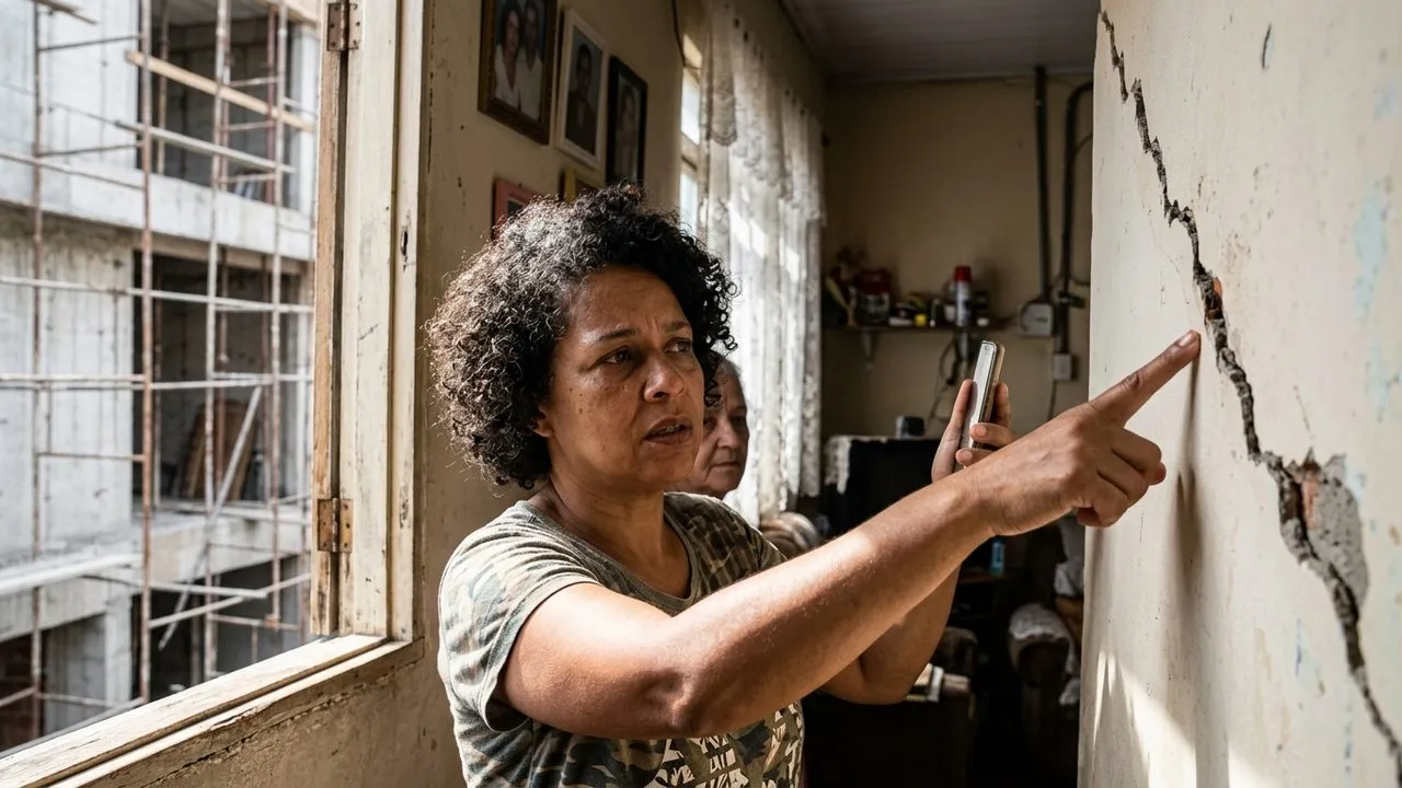 Mulher aponta rachadura profunda na parede de casa, com obra vizinha visível pela janela ao fundo.