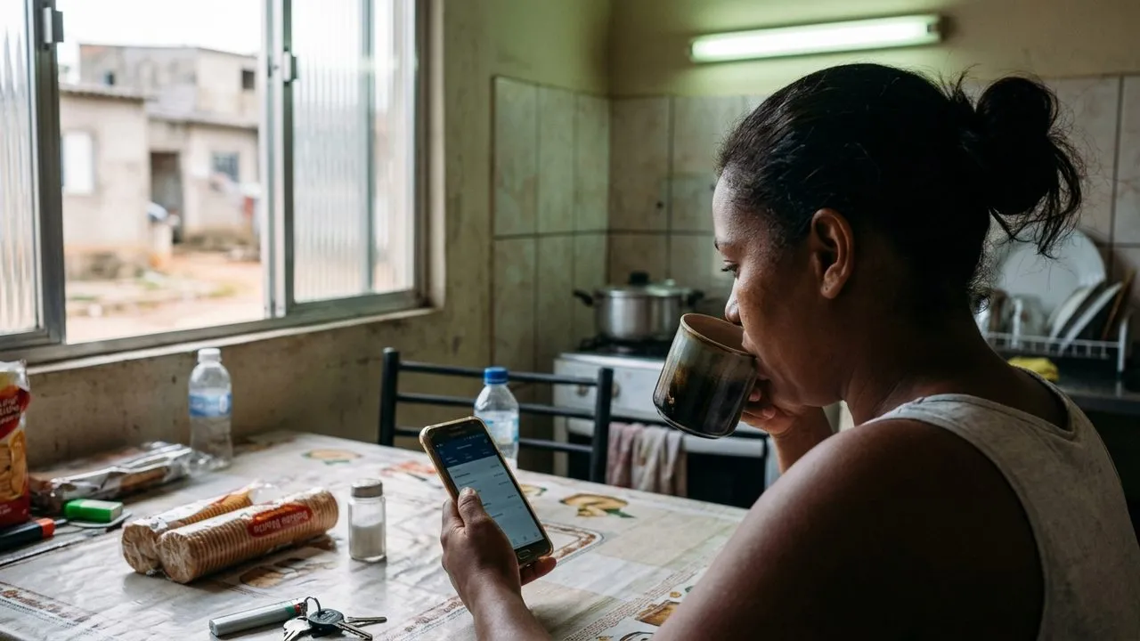 Mulher na cozinha olha o celular e toma café, atenta ao calendário do Bolsa Família de julho de 2026.