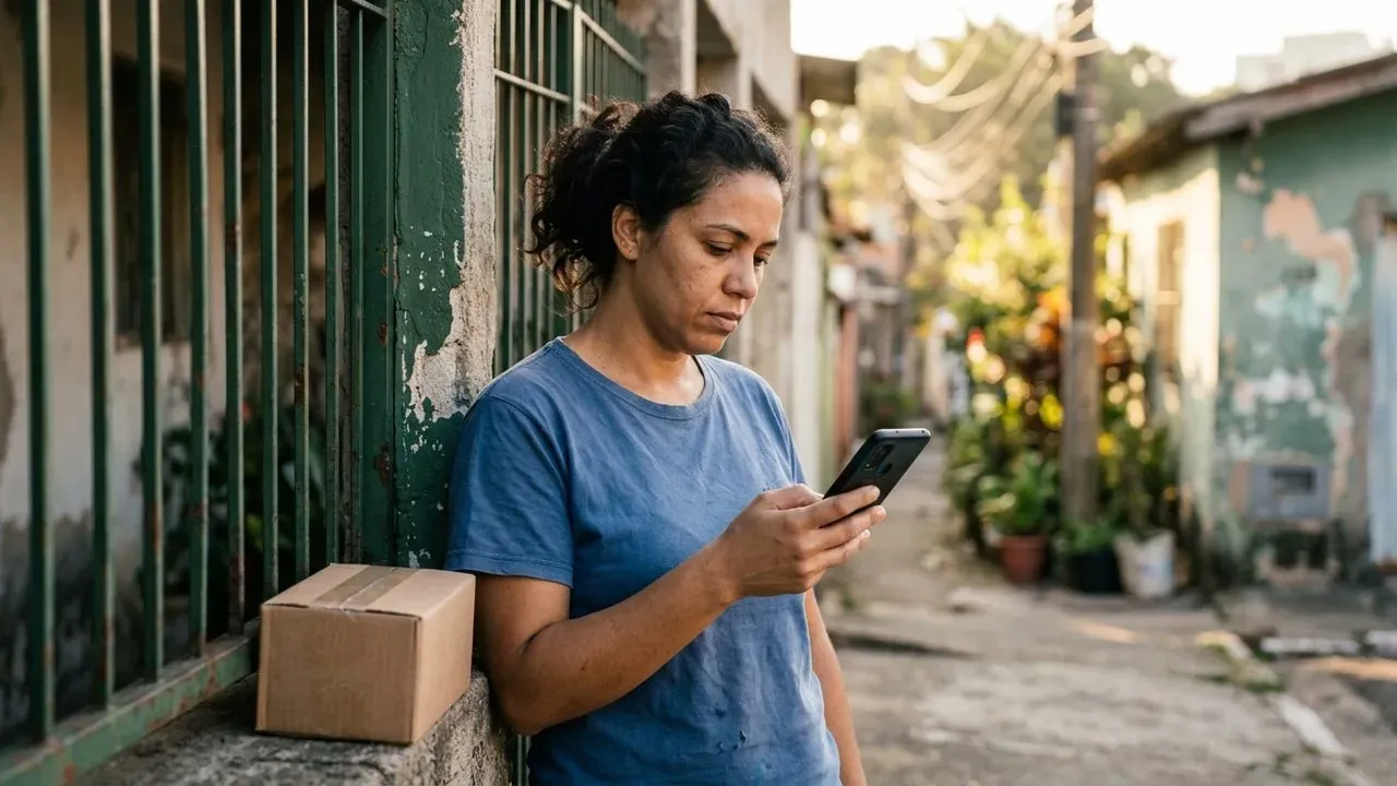 Mulher olha celular ao lado de caixa de encomenda, ilustrando a espera por entregas durante a greve dos Correios.