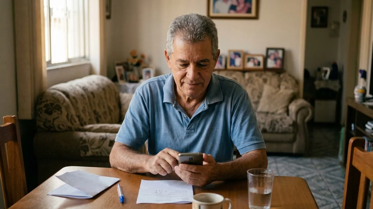 Idoso analisa celular com documentos à mesa, aguardando a conclusão de seu pedido junto ao INSS.