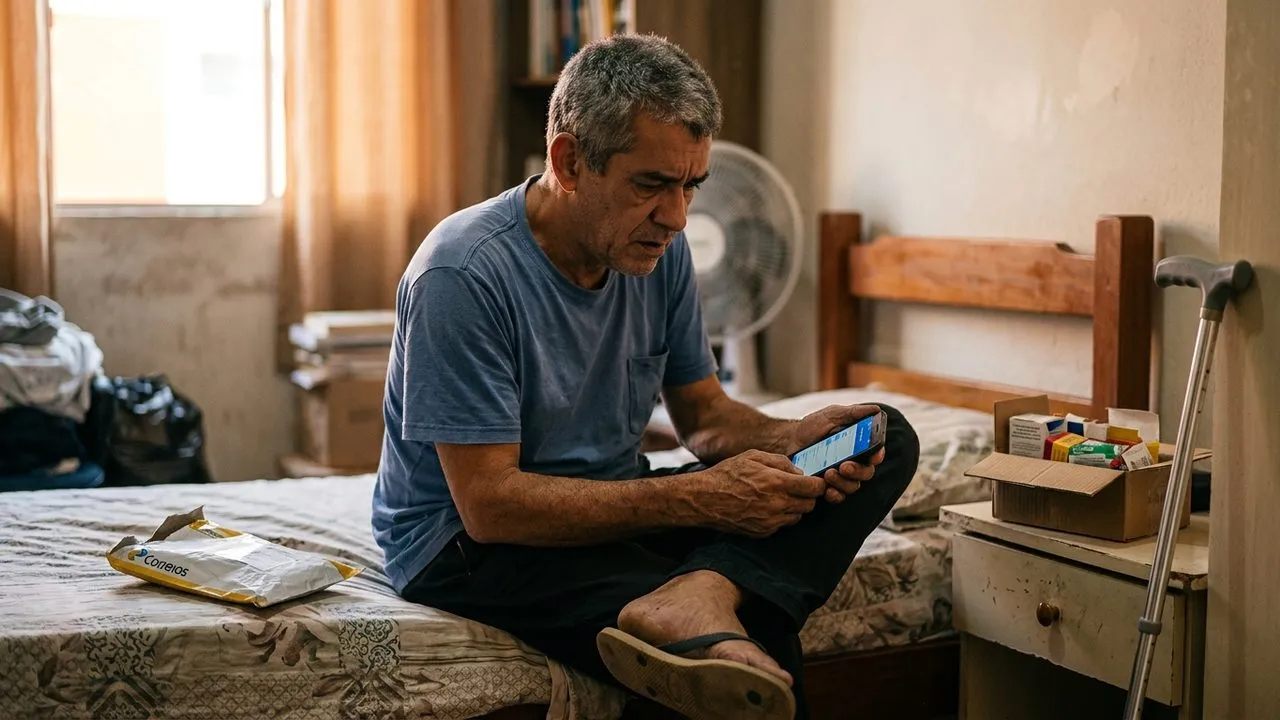 Idoso preocupado olha celular sentado na cama com envelope dos Correios, ilustrando o corte de benefício do INSS.