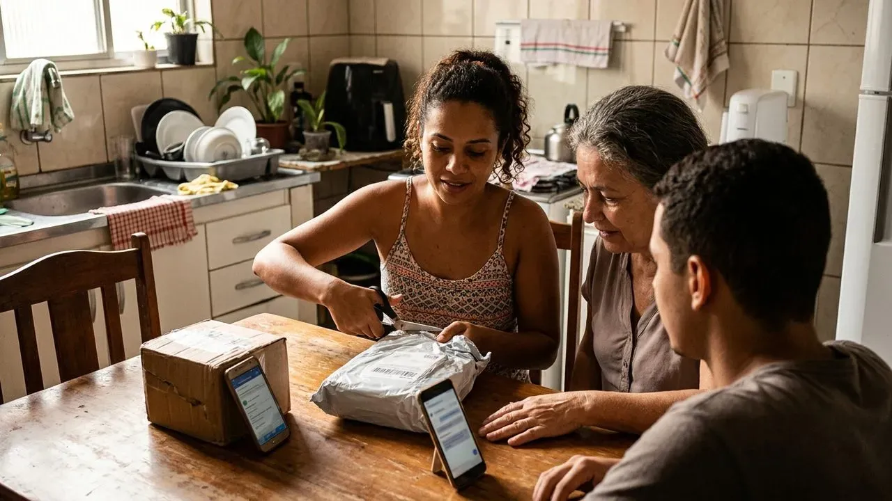 Família na cozinha abre pacote de compra internacional, ilustrando a discussão sobre a taxa das blusinhas.