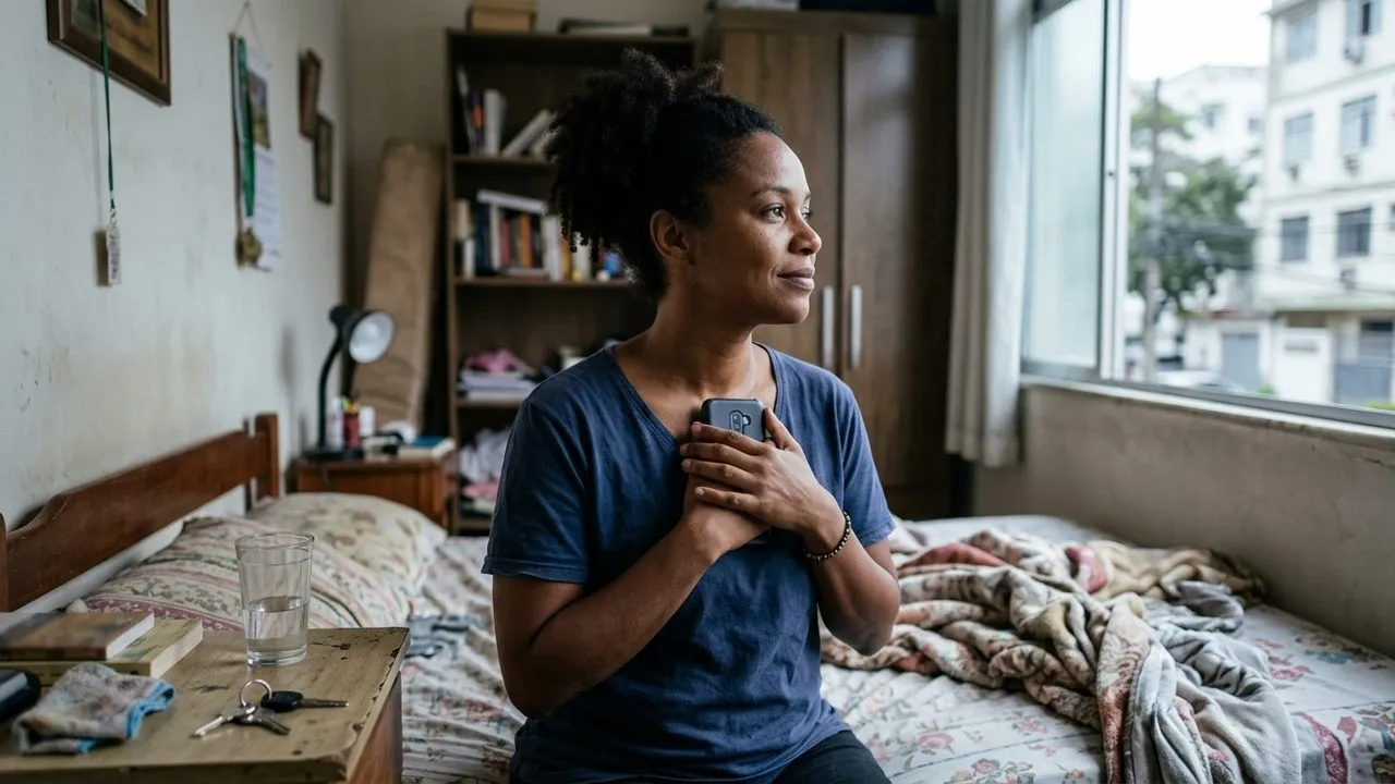 Mulher negra no quarto segura celular no peito e olha pela janela, sentindo-se segura com a medida protetiva.