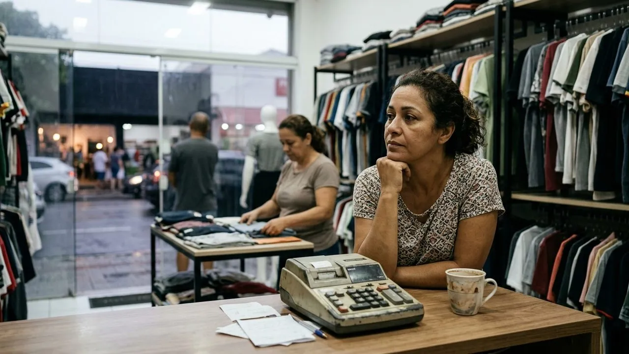 Lojista pensativa em sua loja de roupas, atenta ao novo prazo de setembro para o Simples Nacional 2027.