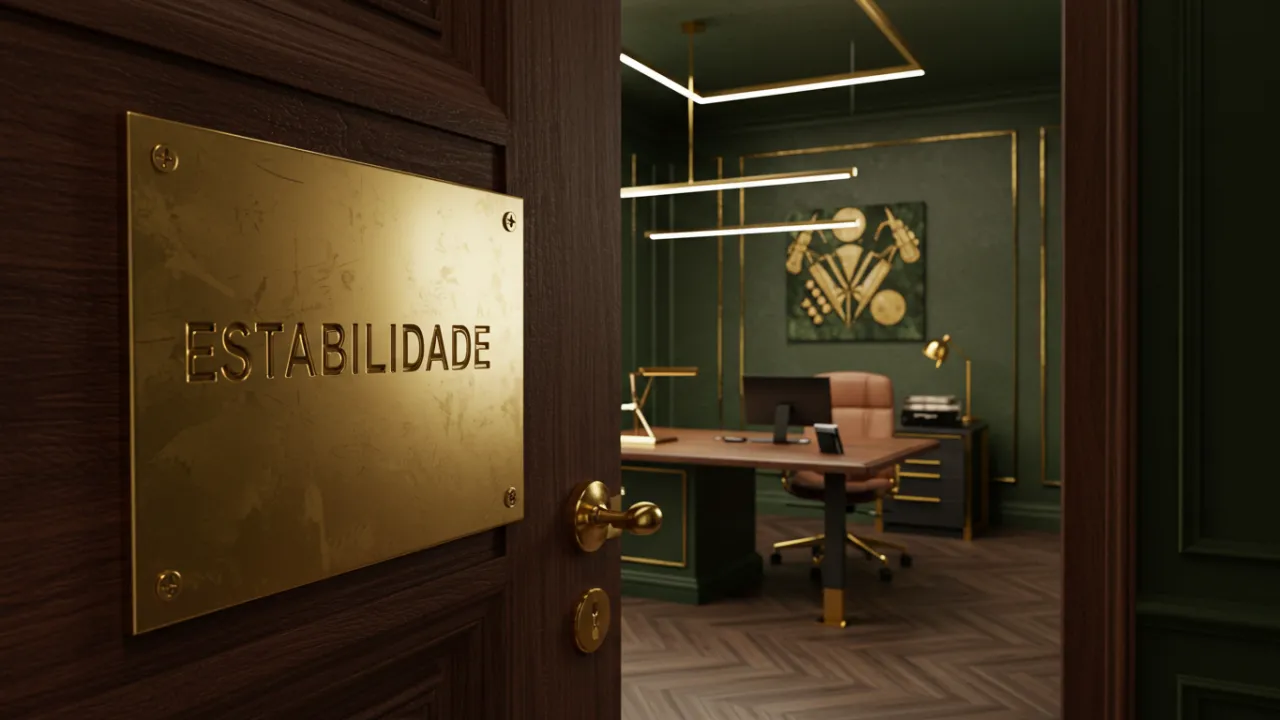 Sala com uma placa escrito "Estabilidade", ilustrando o artigo sobre estabilidade no emprego.