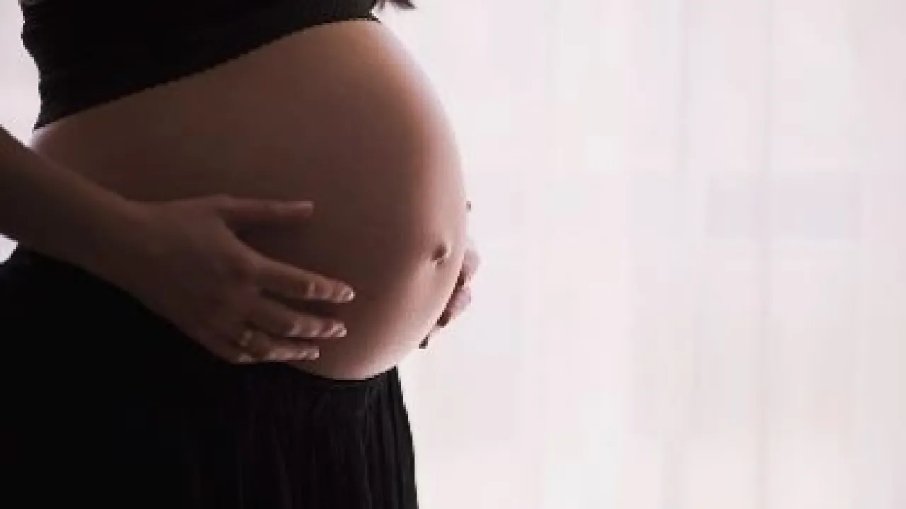 Grávida com as mãos na barriga indo fazer o pedido de alimentos gravidicos.