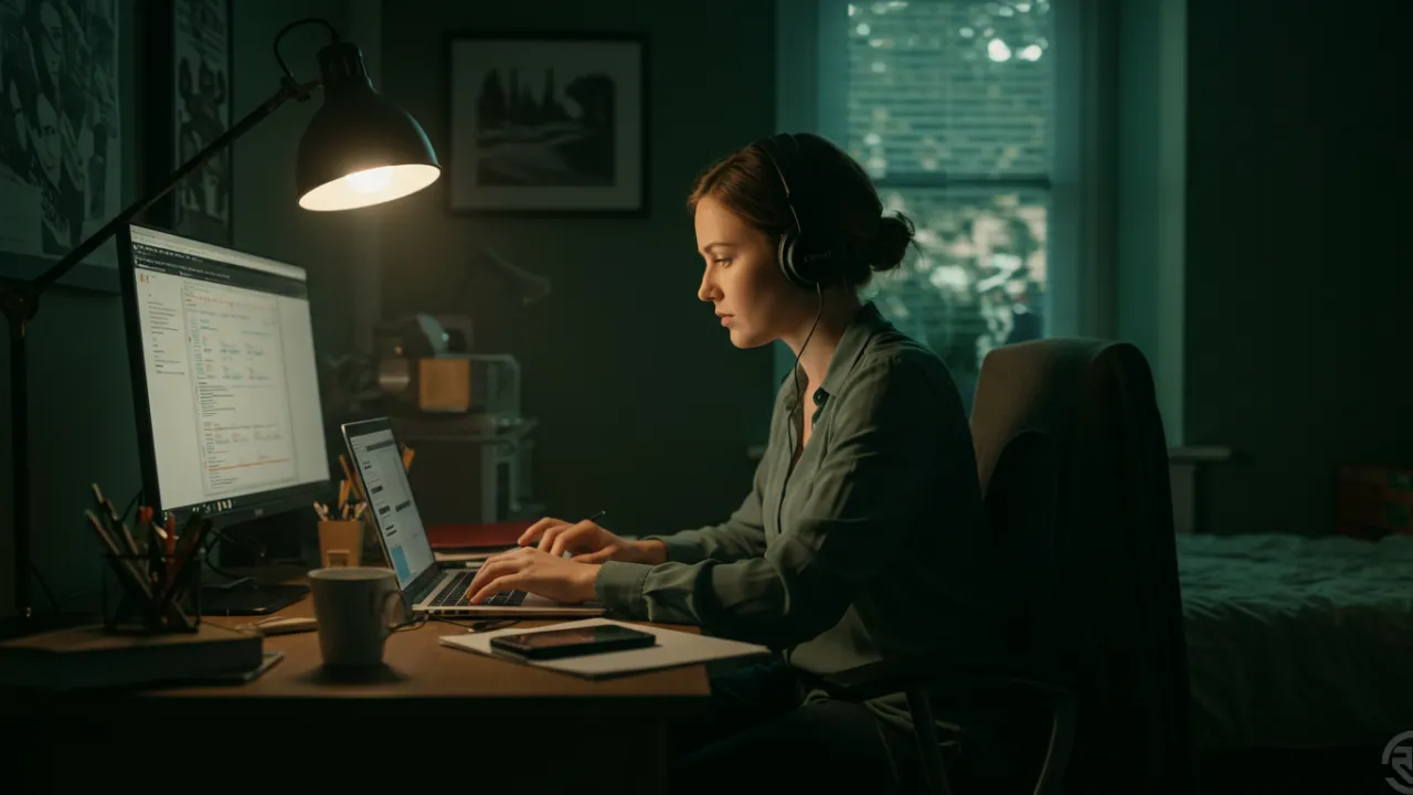 Mulher em seu quarto trabalhando de home office.