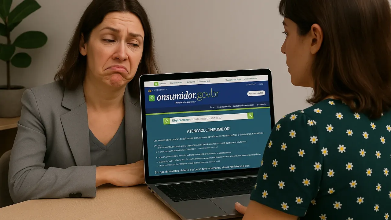 Mulher formalizando denúncia no site consumidor.gov após perceber que a empresa se recusa a devolver o dinheiro investido.