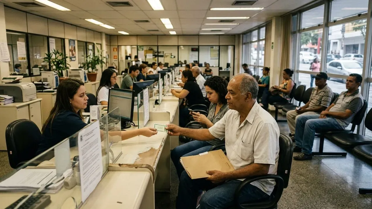 Idoso em guichê de atendimento para consultar e sacar atrasados do INSS liberados pela Justiça via RPV.
