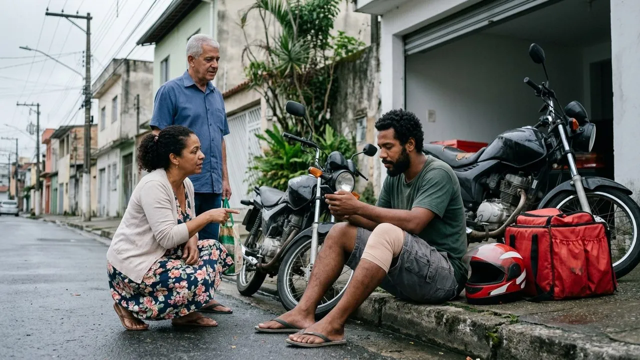 Entregador ferido na calçada com moto e bag conversa com pessoas. Direitos ao auxílio do INSS após acidente.