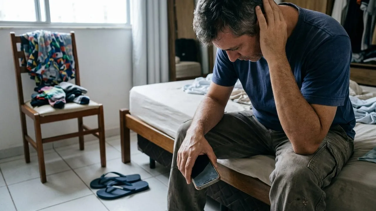 Homem preocupado sentado na cama segura celular, ilustrando vítima de golpe em anúncios no Instagram e Facebook.