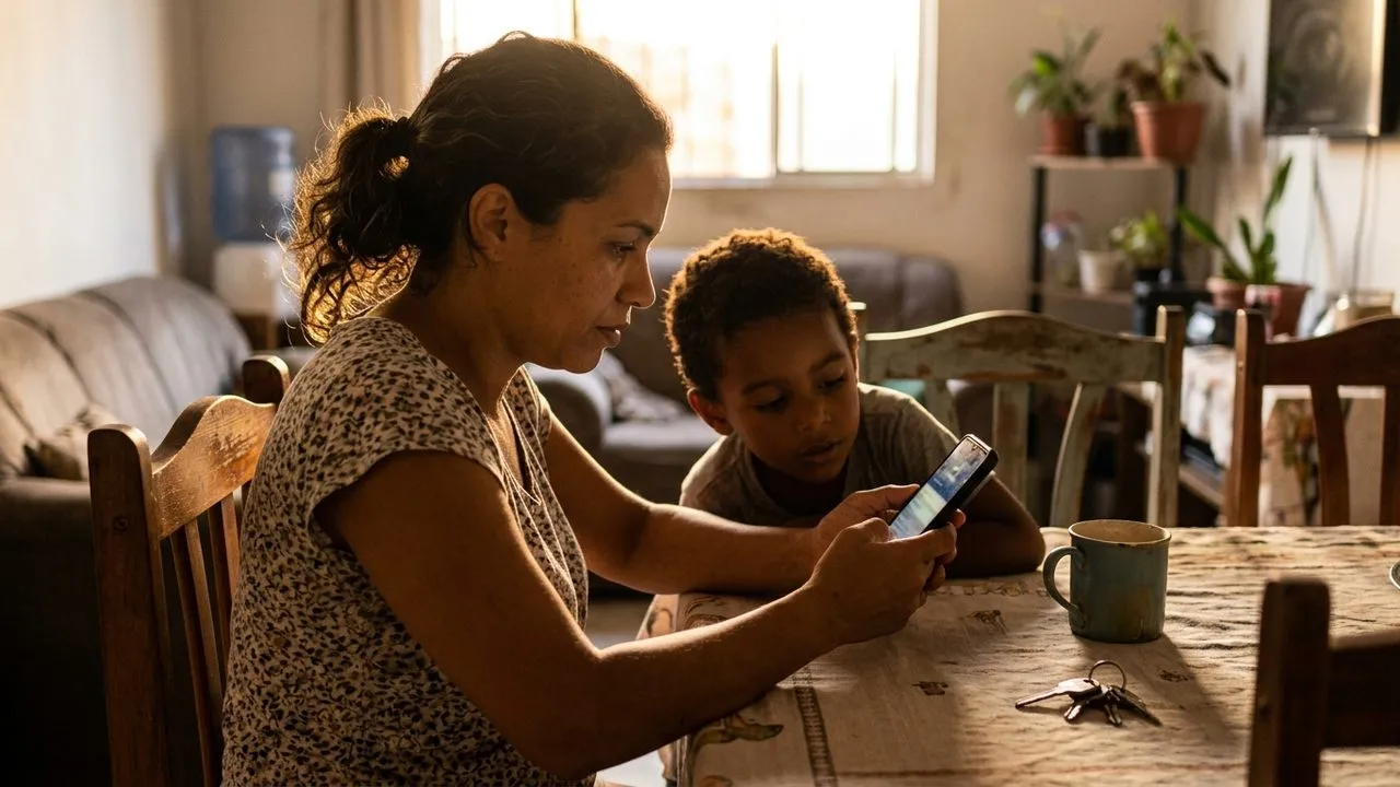 Mulher e criança olham celular à mesa, representando a família que busca informações sobre o auxílio-reclusão.