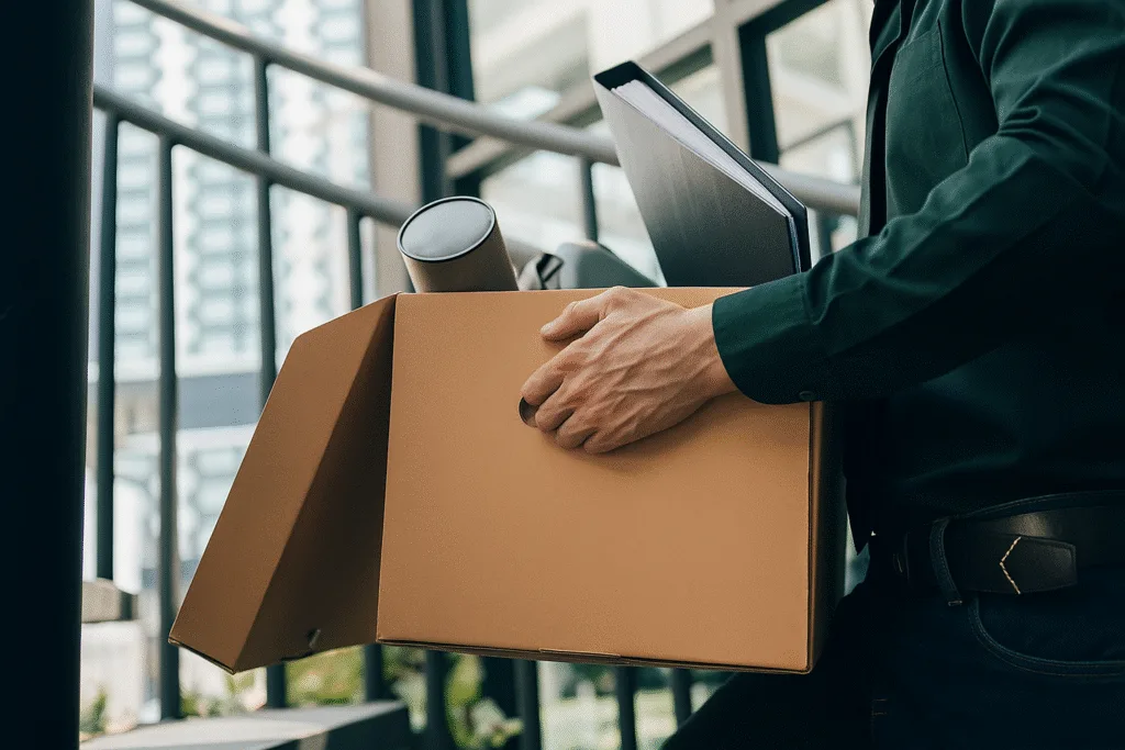 Homem levando seus pertences embora da empresa após demissão sem rescisão.