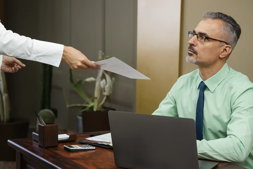 Homem recebendo rescisão de contrato sem nenhum motivo aparente. O que configura demissão sem justa causa.