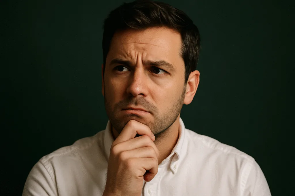 Homem duvidoso sobre estar sofrendo assédio moral no trabalho.
