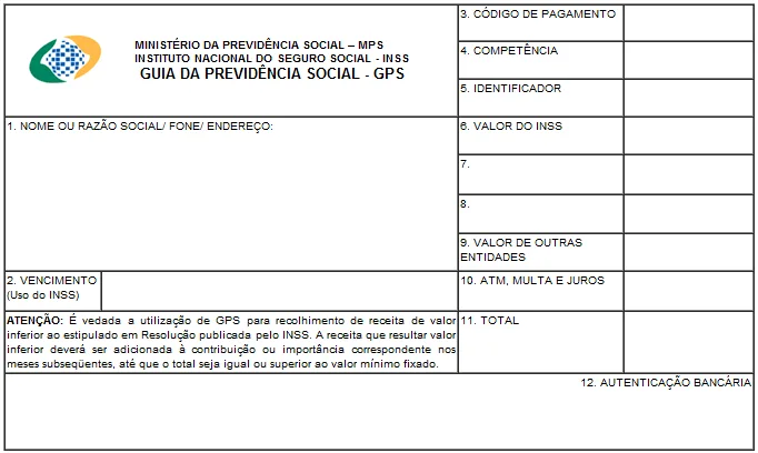 Modelo de guia da previdência social para contribuição para o INSS para autônomos e INSS para MEIs.