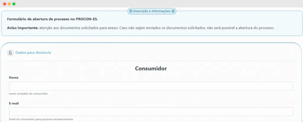 Captura de tela da funcionalidade de registrar uma reclamação no Procon.