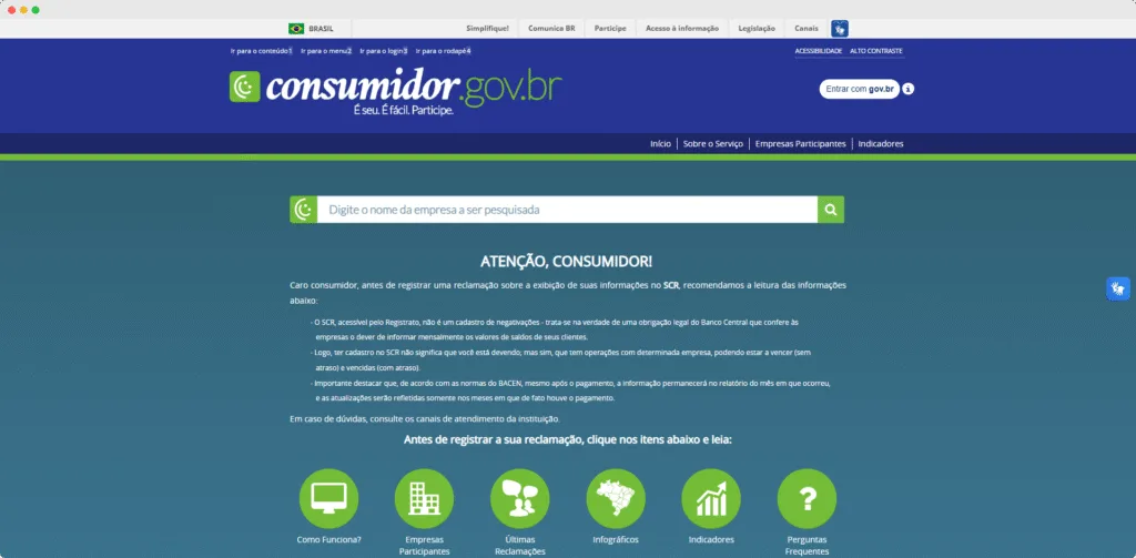 Captura da tela do site Consumidor.gov.br onde o consumidor pode reclamar por cobrança indevida.
