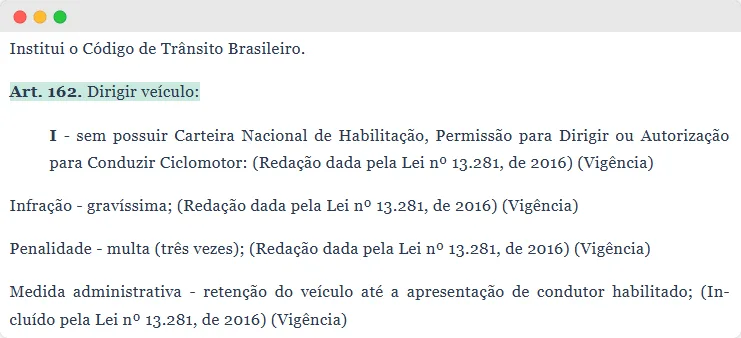 Captura de tela do CTB no artigo que fala sobre dirigir sem habilitação.