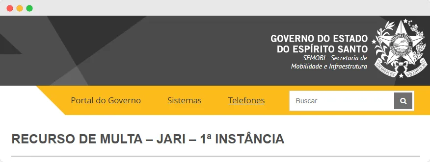 Captura de tela de acesso ao site para recorrer da autuação por dirigir sem habilitação.