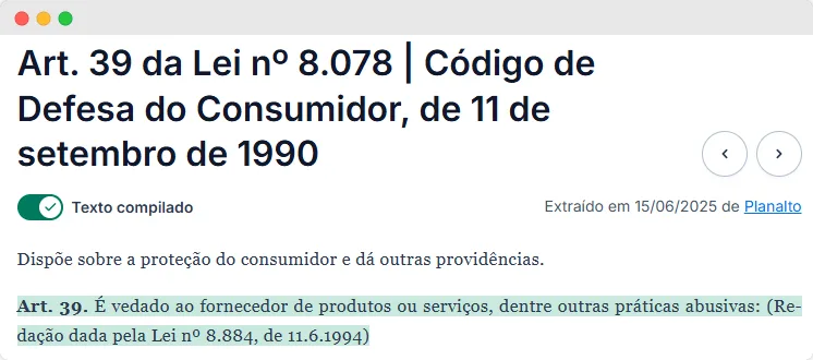 Captura de tela do código de defesa do consumidor no artigo 39 que fala sobre venda casada.