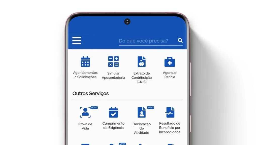 Celular mostrando  a interface do aplicativo Meu INSS, onde é possível dar entrada na aposentadoria.
