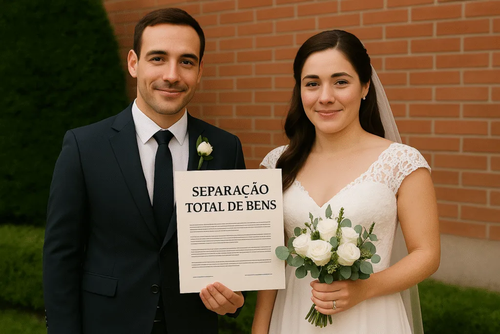 Casal apresentando certidão de casamento no regime de separação total de bens.