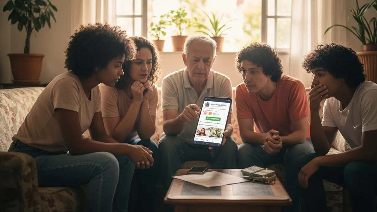 Tela de celular com perfil falso e alerta visual, simbolizando golpe em redes sociais