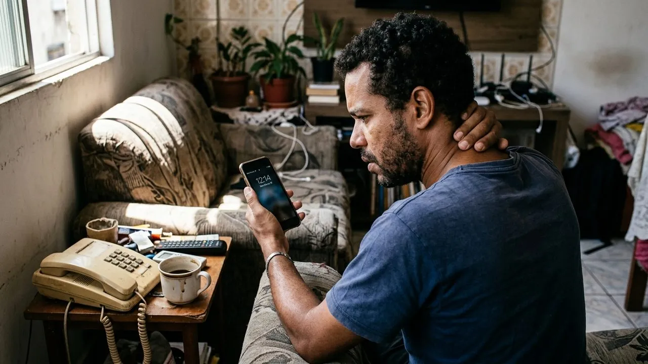Homem angustiado olha o celular e toca o pescoço, simbolizando o estresse causado pelo chip clonado.