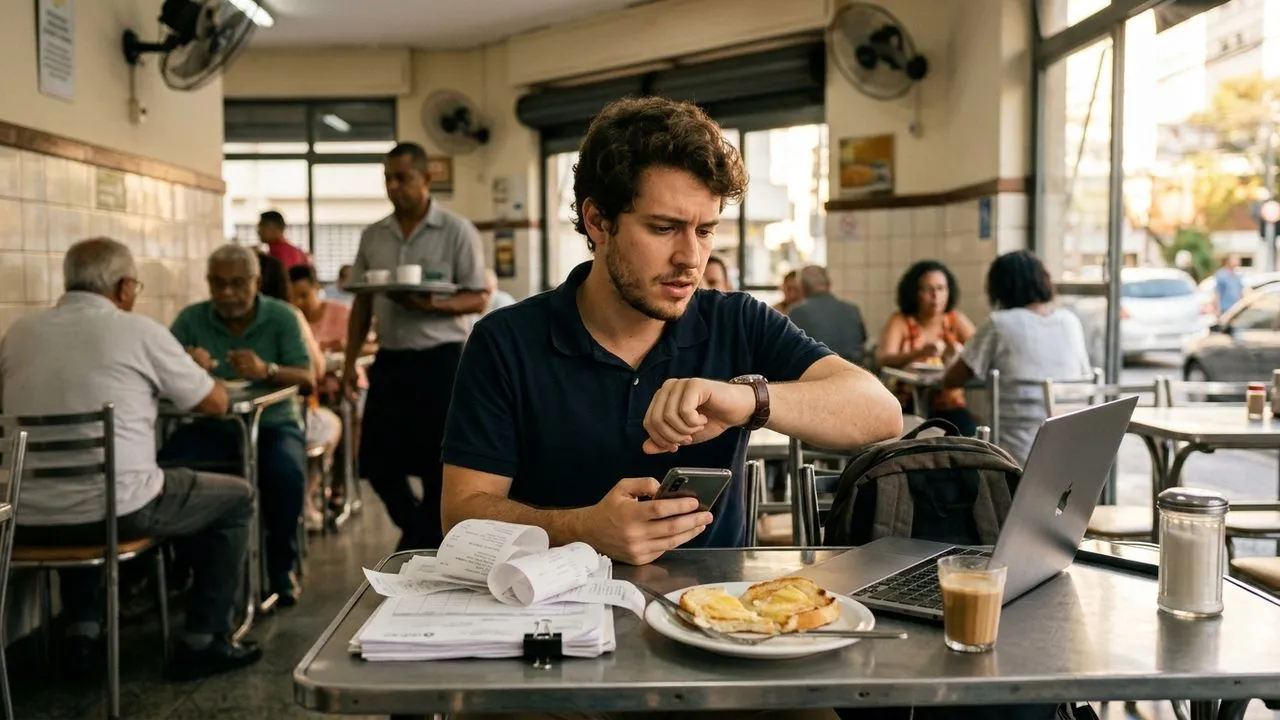 Homem em café com notebook, notas fiscais e relógio, ilustrando a transição entre contrato PJ e vínculo de emprego.