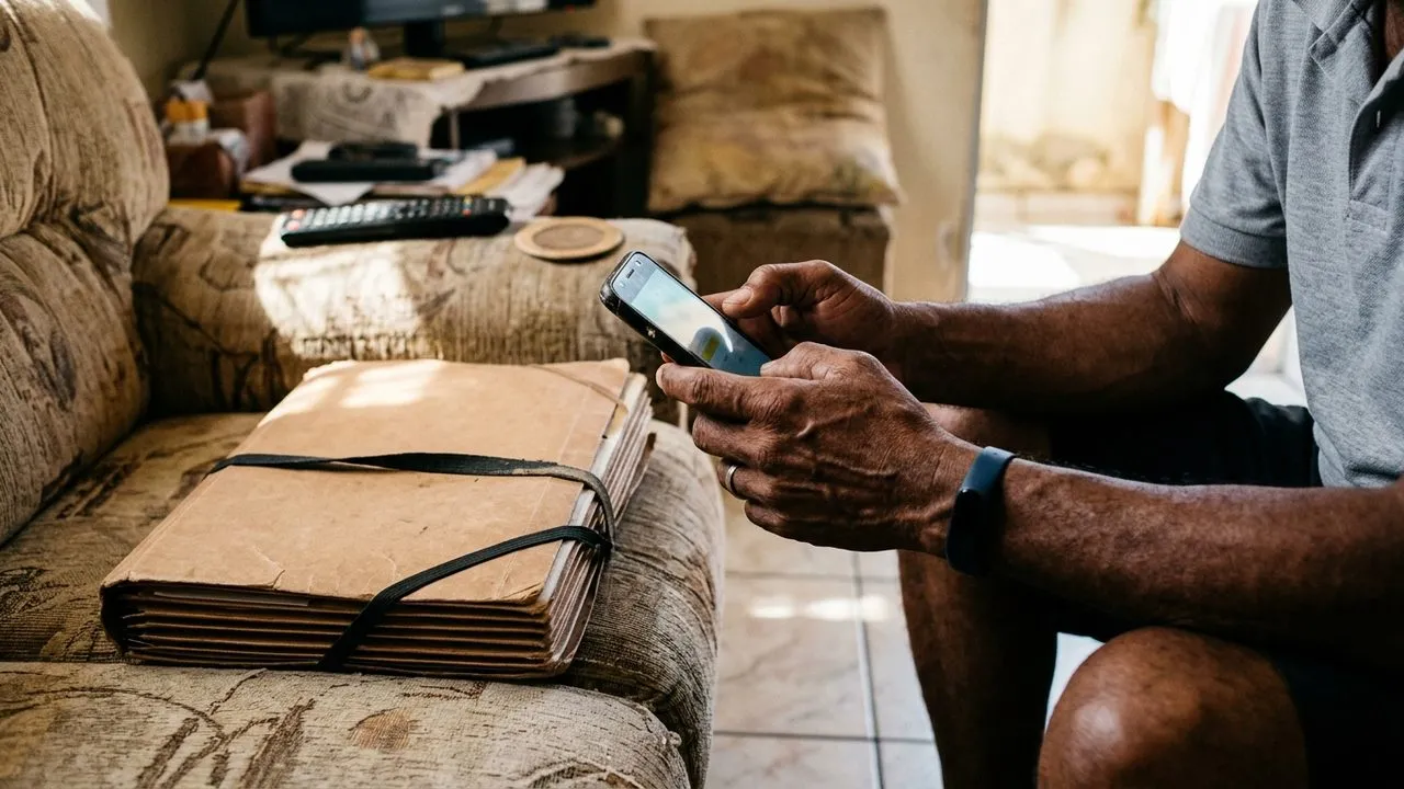 Homem usa celular ao lado de pasta de documentos, buscando provas para contestar negativa do INSS na Justiça.