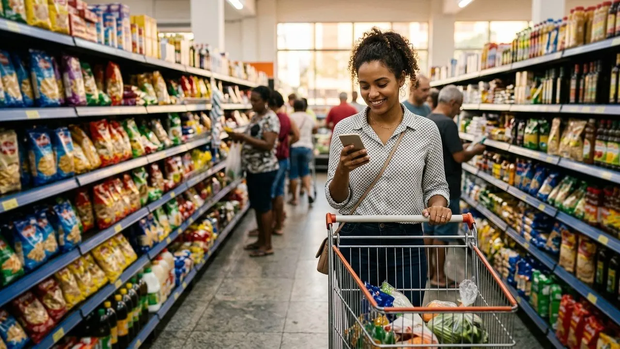 Mulher sorri ao olhar o celular no supermercado, ilustrando a facilidade do desconto automático da pensão alimentícia.