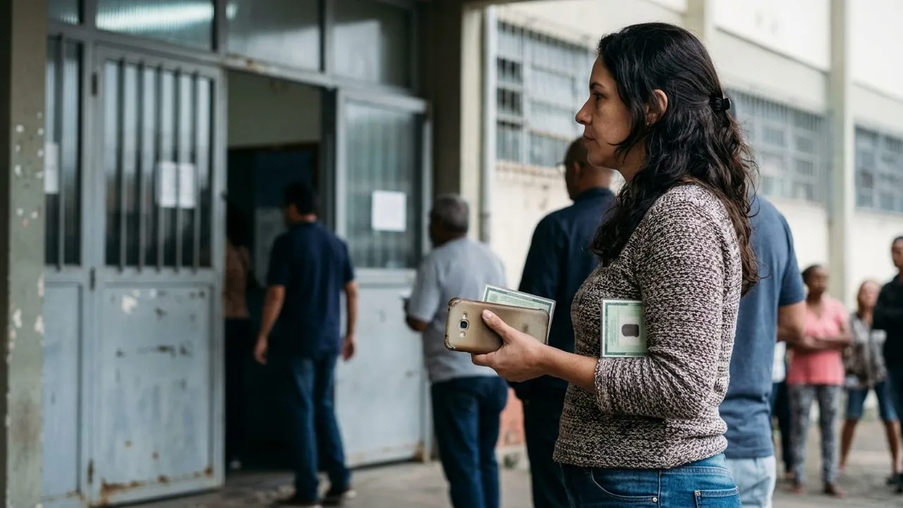 Mulher em fila de votação segura documento e celular, ilustrando o que levar e o que é proibido nas eleições 2026.