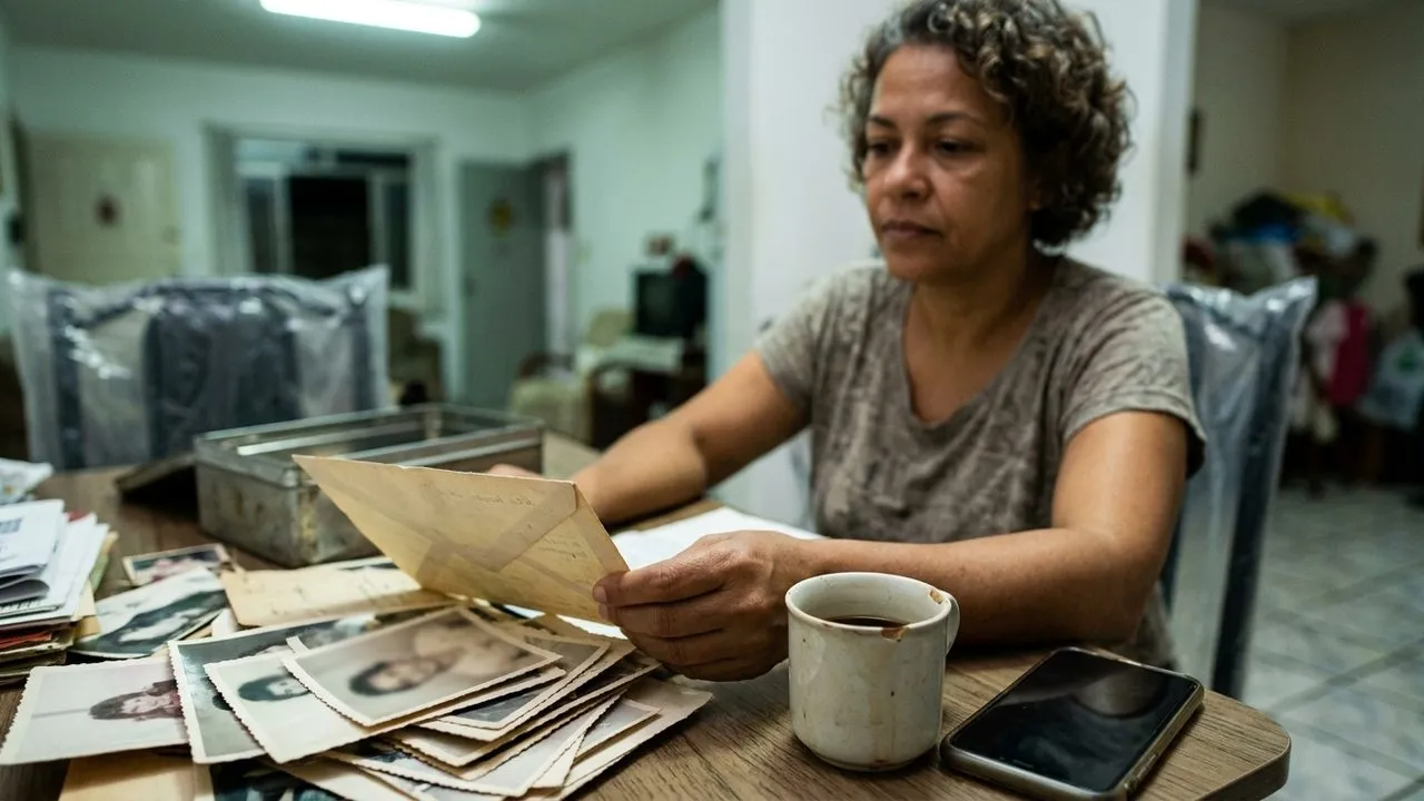 Mulher analisa fotos e documentos em uma mesa, ilustrando a busca por provas de união estável para o INSS.