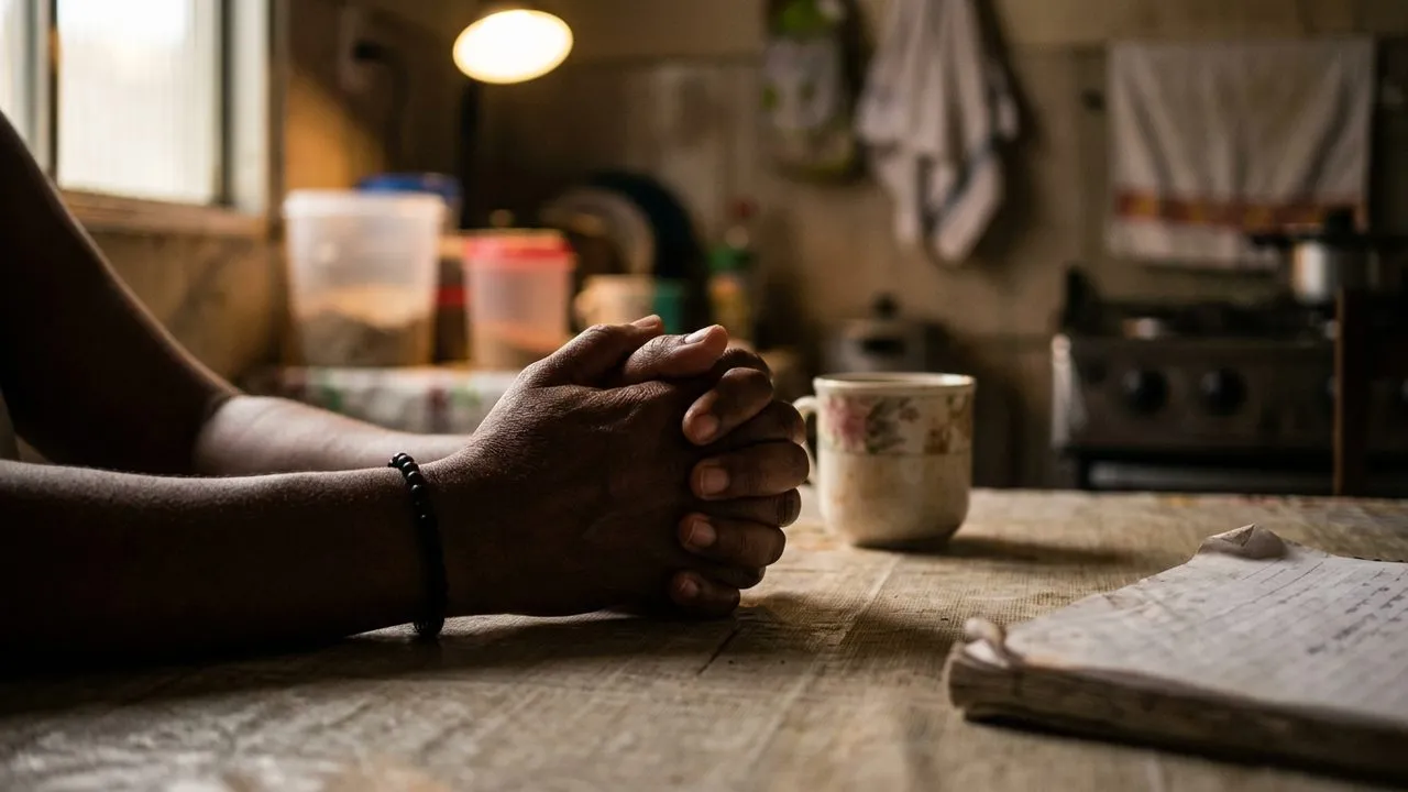 Mãos de pessoa negra entrelaçadas sobre a mesa, representando a busca por justiça e reparação por injúria racial.