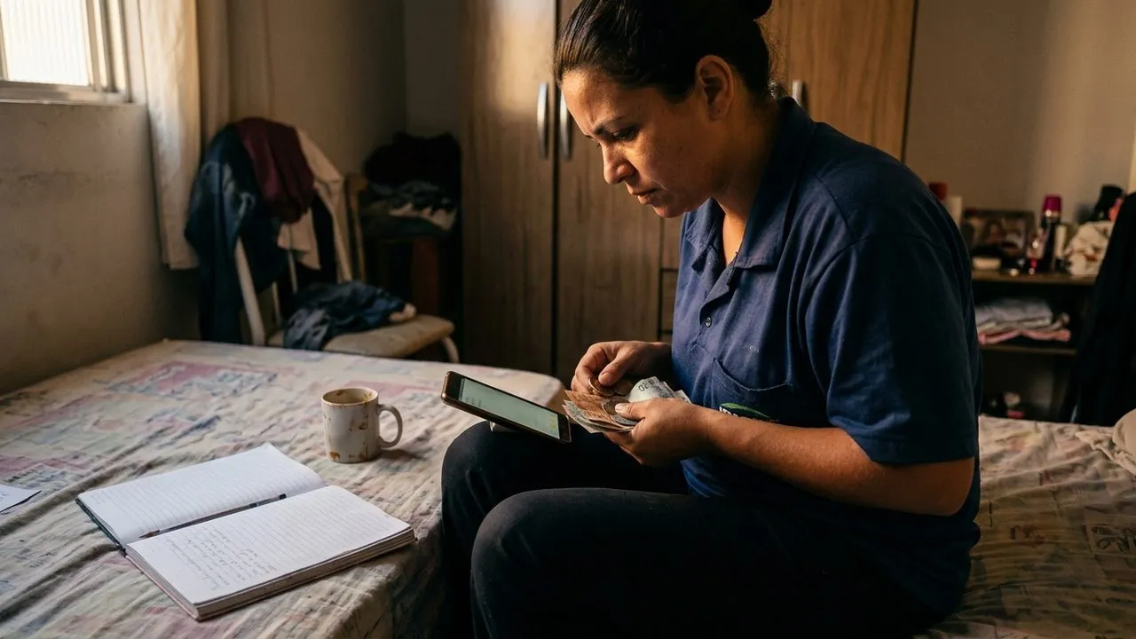 Mulher conta dinheiro na cama com celular e caderno, ilustrando o cálculo da contribuição mínima ao INSS.