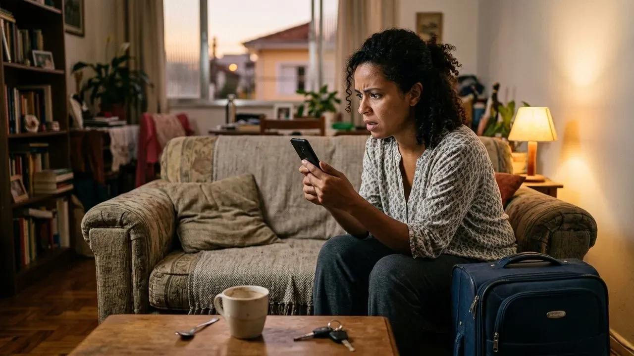 Mulher preocupada olha o celular com mala ao lado, ilustrando a dúvida sobre como justificar o voto e evitar multas.