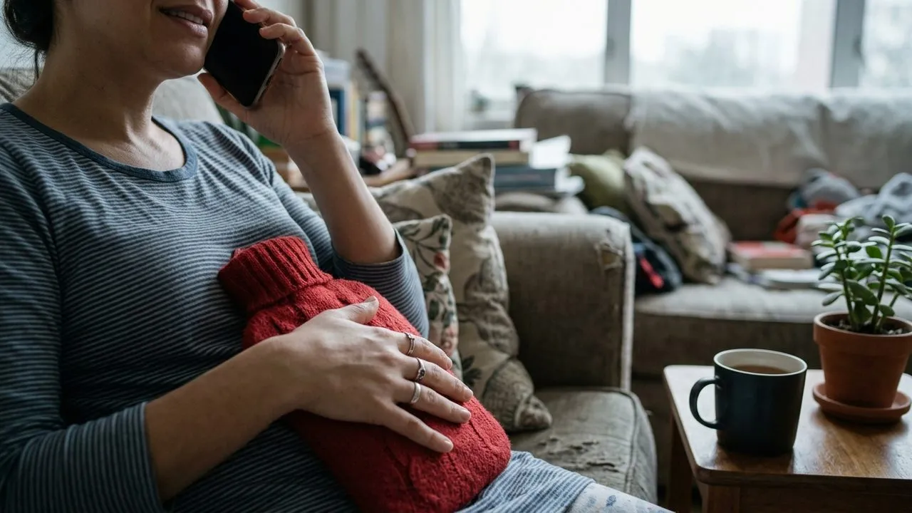 Mulher com bolsa de água quente no ventre fala ao celular, simbolizando o pedido de DIU para tratar endometriose.