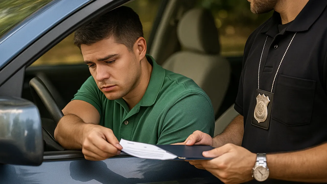 Homem entregando a carteira de motorista depois de receber Multas de Trânsito Gravíssimas.