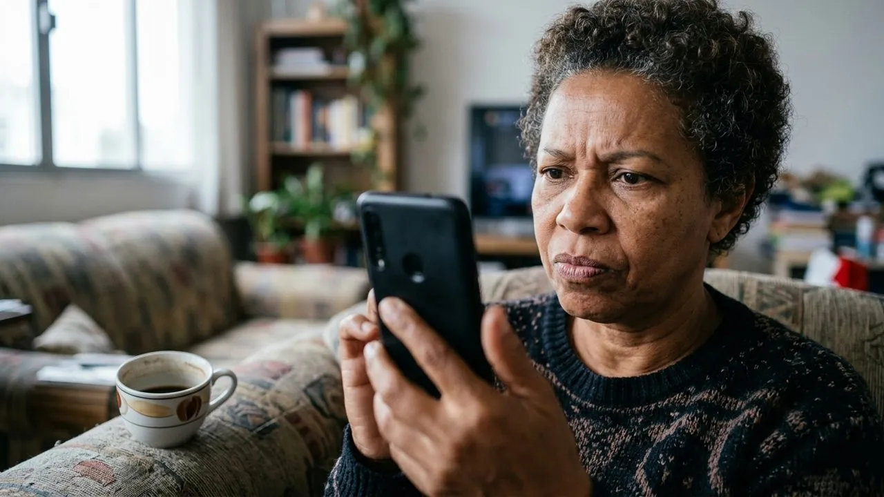 Mulher negra madura olha o celular com preocupação, ilustrando a desconfiança frente ao golpe do falso advogado.