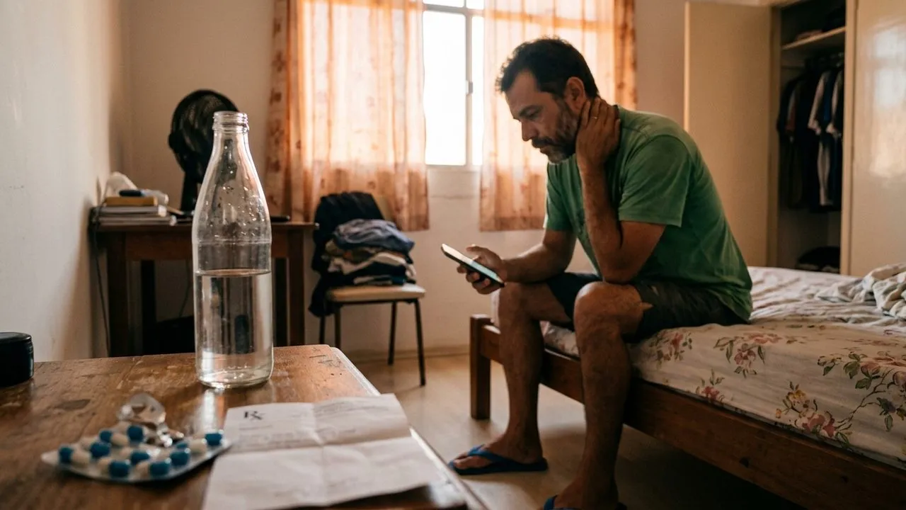 Homem sentado na cama com remédios e receita à frente, ilustrando o direito ao abono de faltas por atestado médico.