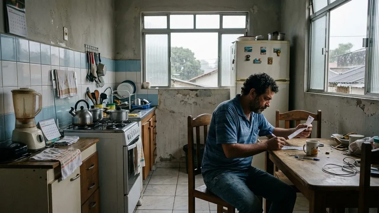 Homem analisa documentos em cozinha simples, ilustrando as regras de impostos e prazos ao ganhar na Mega-Sena.