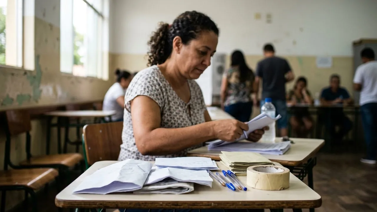 Mesária organiza documentos em seção eleitoral, ilustrando regras e folgas para as Eleições 2026.