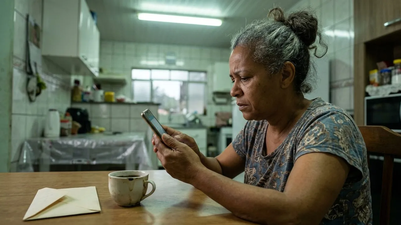 Mulher idosa olha celular na cozinha, atenta ao julgamento do STF sobre reajuste de plano de saúde aos 59 anos.